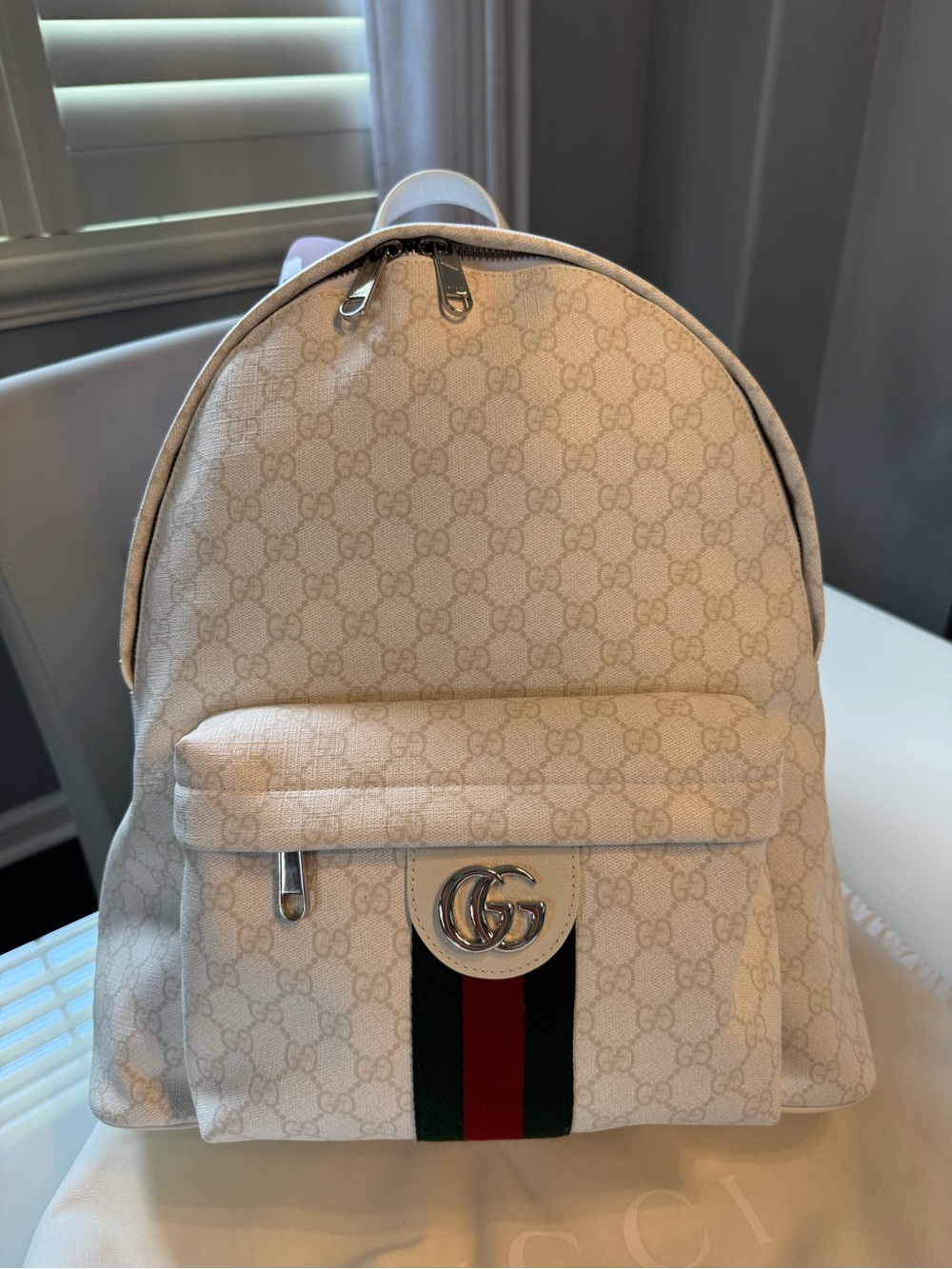 Limited Gucci White GG Supreme Canvas Backpack with Web Stripe